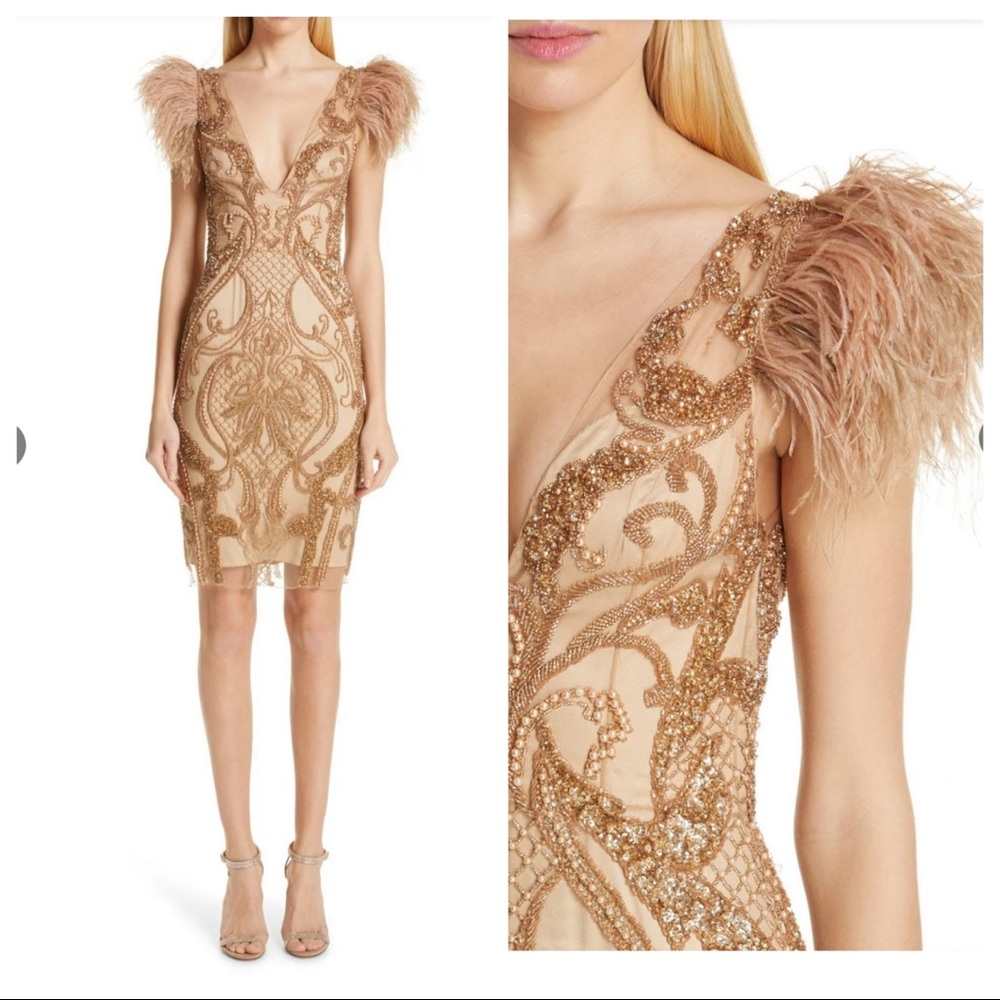 PATBO Feather Trim Beaded V Necked Mini Dress